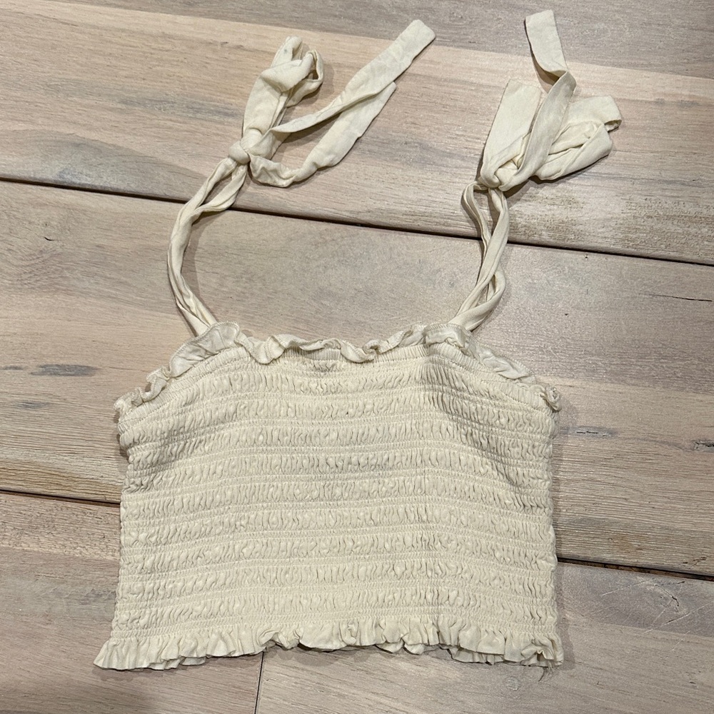 Katie J NYC Cream Ruffle Tank Top Cropped Bow Shoulders